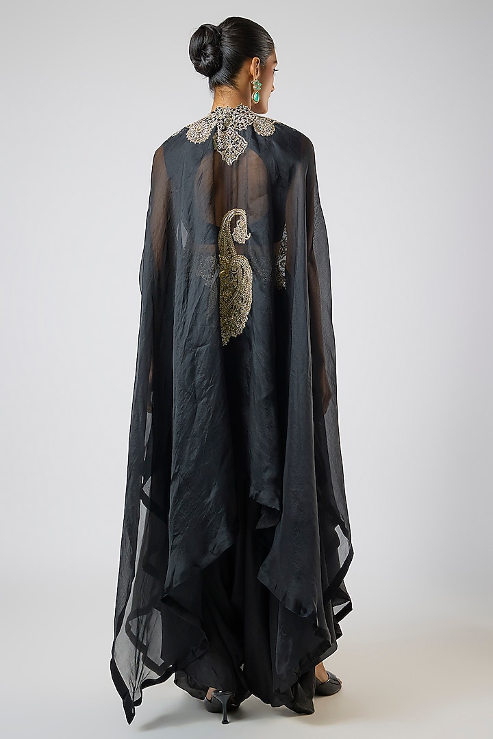 Black Organza Floral Embroidered Cape Set by Mrunalini Rao at Pernia's Pop Up Shop