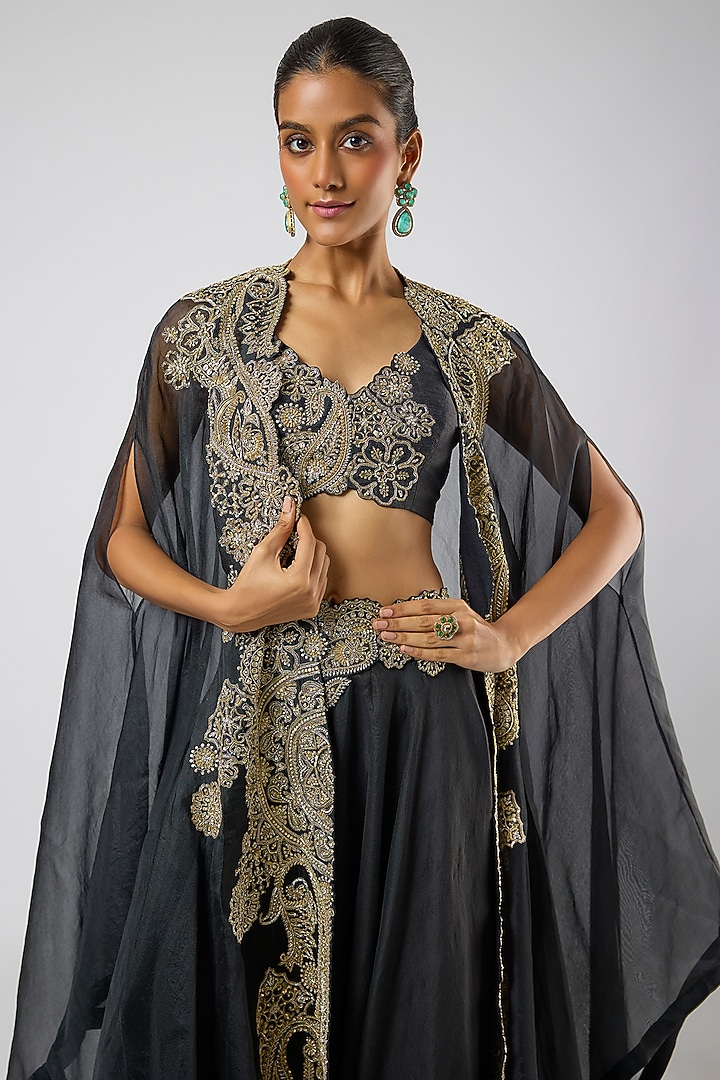 Black Organza Floral Embroidered Cape Set by Mrunalini Rao at Pernia's Pop Up Shop