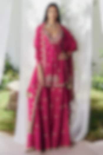 Fuchsia Pink Silk Paisley Motif Bridal Sharara Set by Mrunalini Rao at Pernia's Pop Up Shop