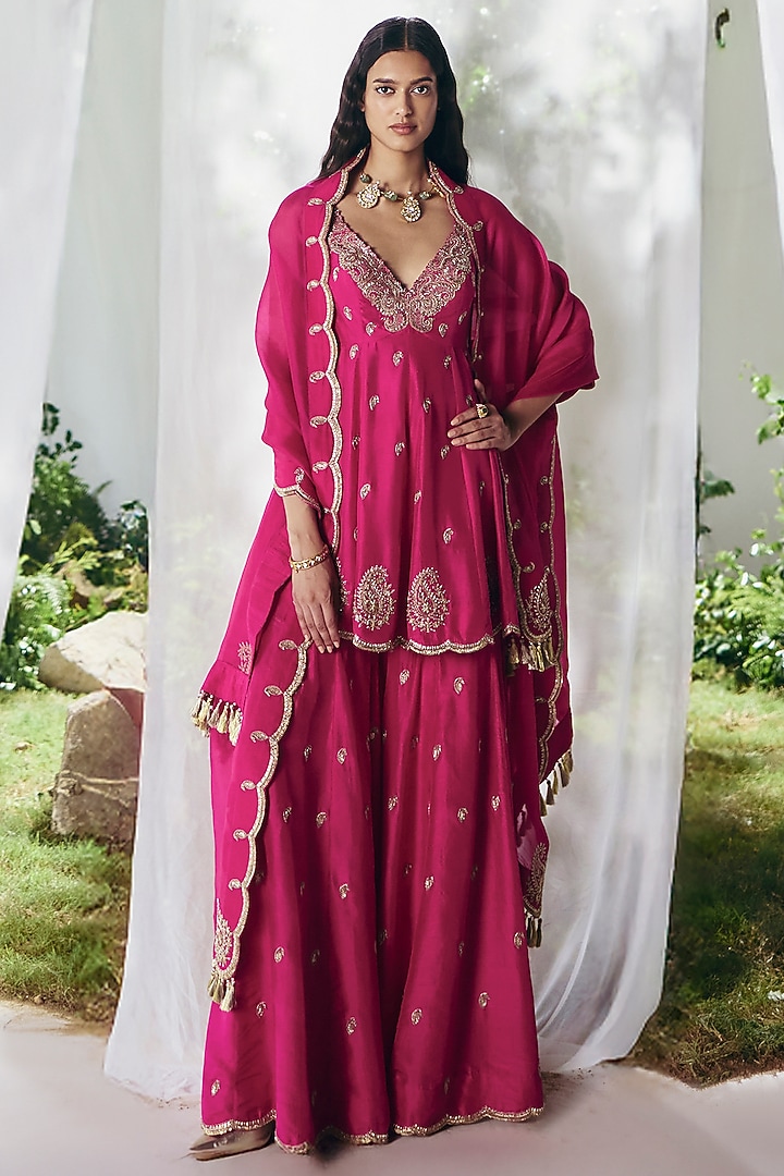 Fuchsia Pink Silk Paisley Motif Bridal Sharara Set by Mrunalini Rao at Pernia's Pop Up Shop