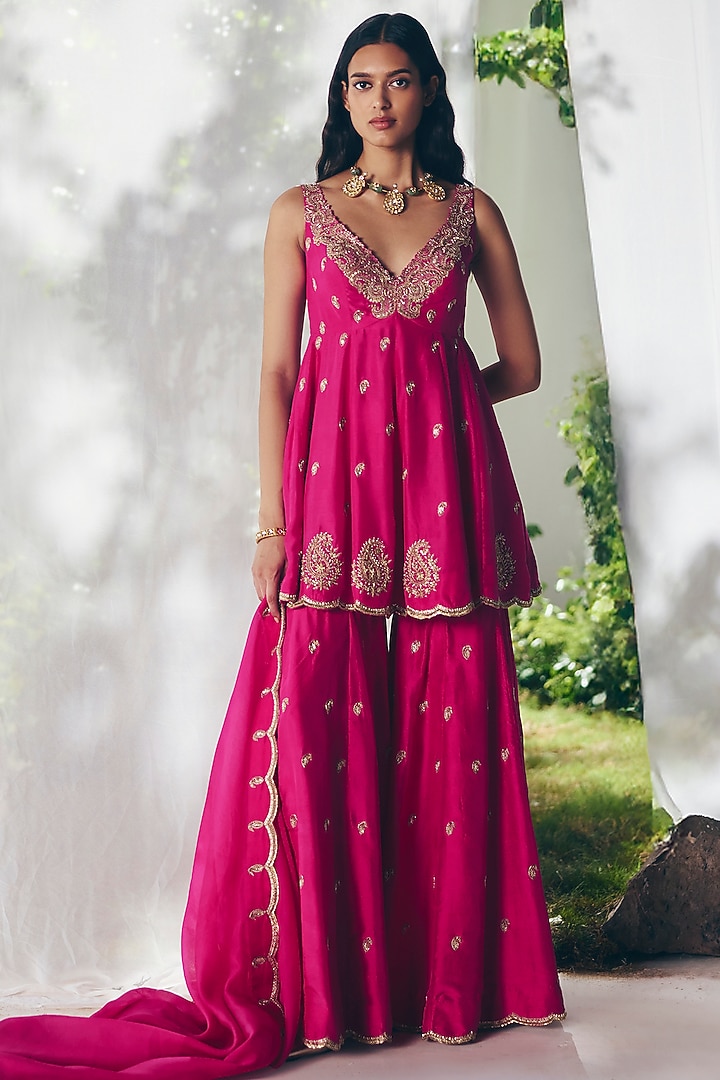 Fuchsia Pink Silk Paisley Motif Bridal Sharara Set by Mrunalini Rao at Pernia's Pop Up Shop