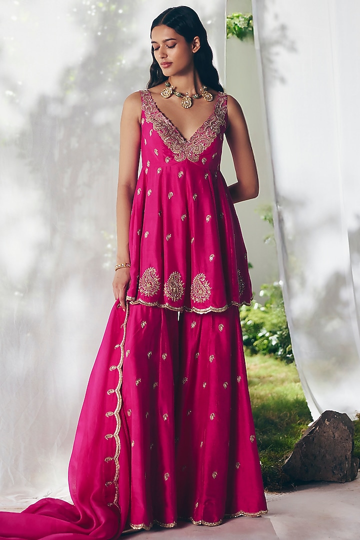 Fuchsia Pink Silk Paisley Motif Bridal Sharara Set by Mrunalini Rao at Pernia's Pop Up Shop