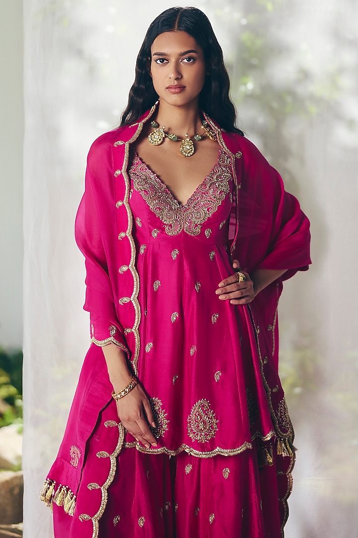 Fuchsia Pink Silk Paisley Motif Bridal Sharara Set by Mrunalini Rao at Pernia's Pop Up Shop