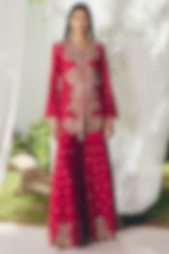 Red Silk Zardosi Embroidered Bridal Sharara Set by Mrunalini Rao at Pernia's Pop Up Shop