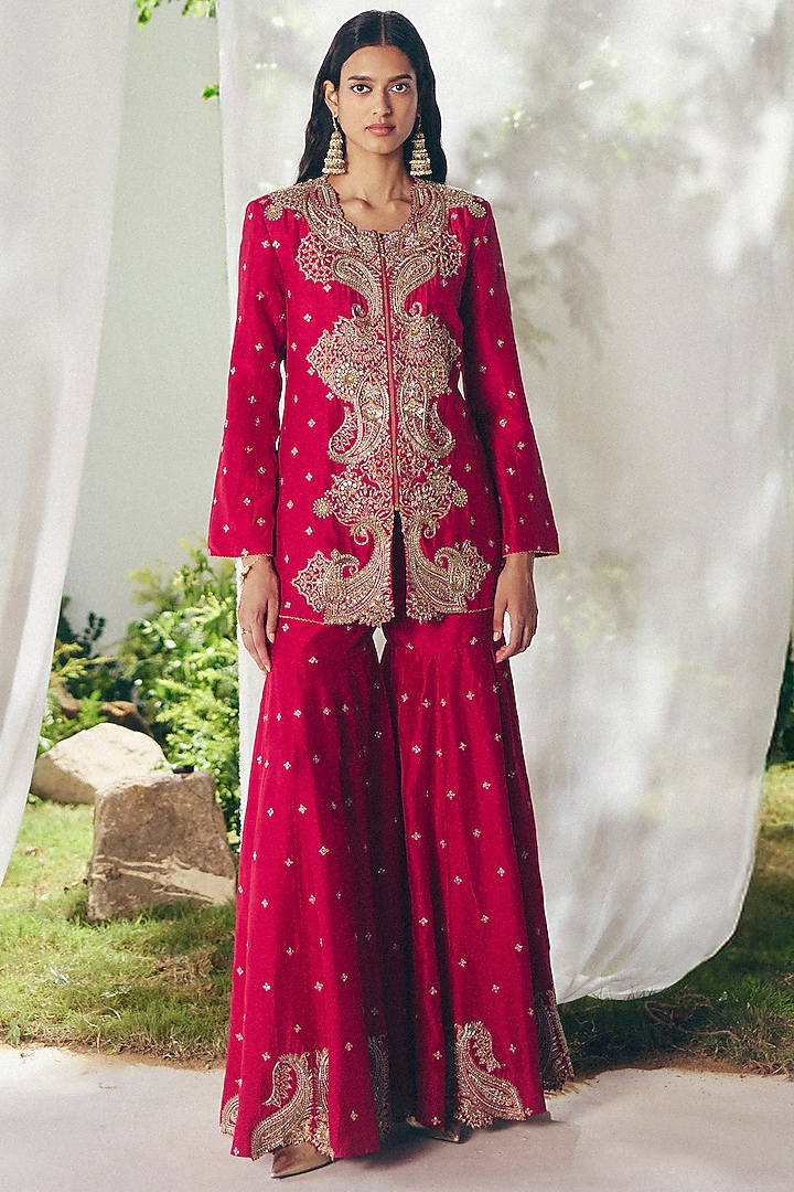 Red Silk Zardosi Embroidered Bridal Sharara Set by Mrunalini Rao at Pernia's Pop Up Shop