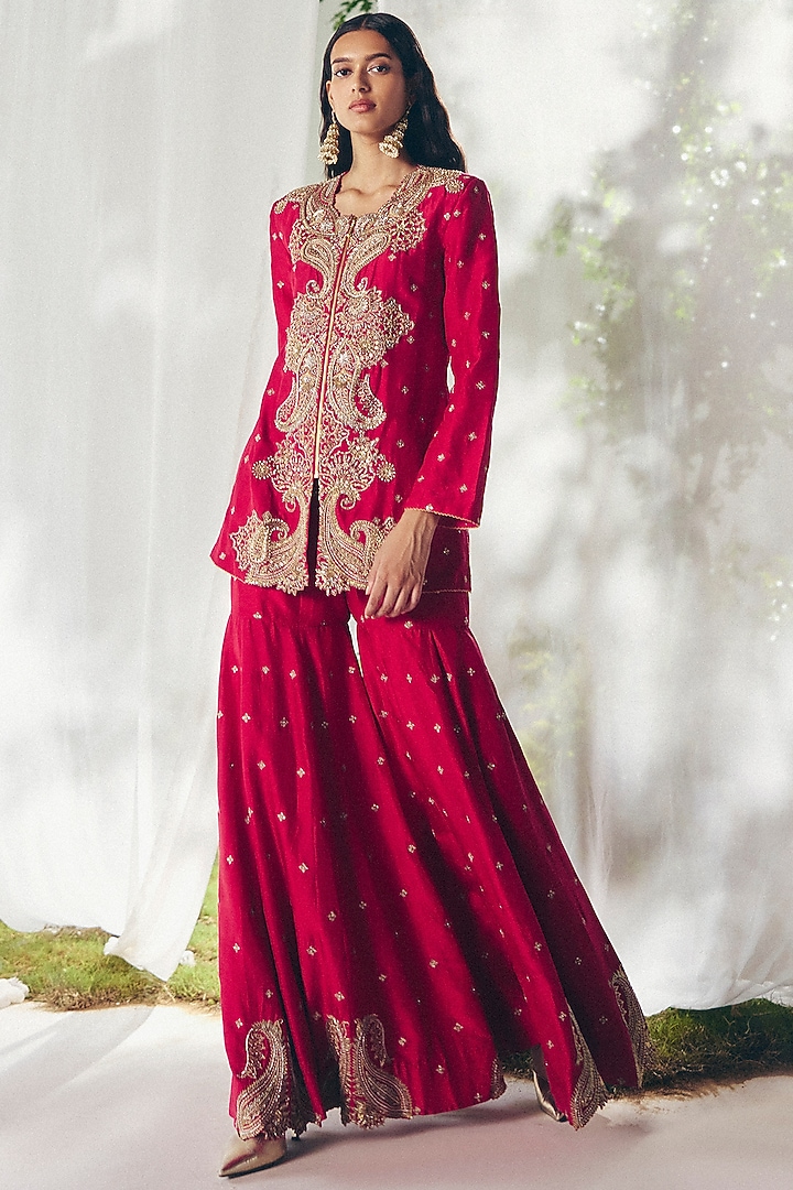Red Silk Zardosi Embroidered Bridal Sharara Set by Mrunalini Rao at Pernia's Pop Up Shop
