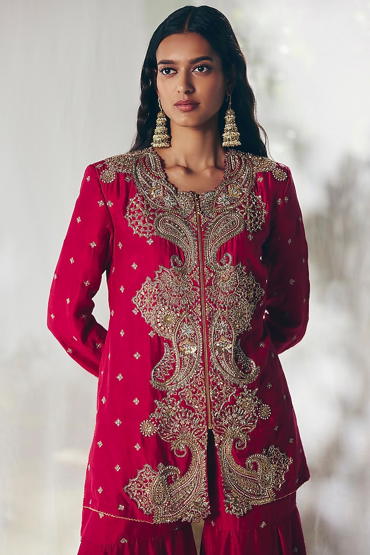 Red Silk Zardosi Embroidered Bridal Sharara Set by Mrunalini Rao at Pernia's Pop Up Shop