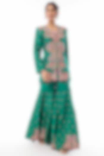 Rama Green Silk Zardosi Embroidered Bridal Sharara Set by Mrunalini Rao at Pernia's Pop Up Shop