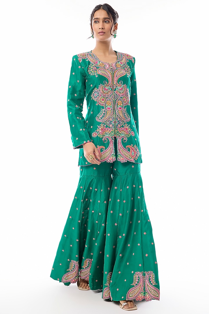 Rama Green Silk Zardosi Embroidered Bridal Sharara Set by Mrunalini Rao at Pernia's Pop Up Shop