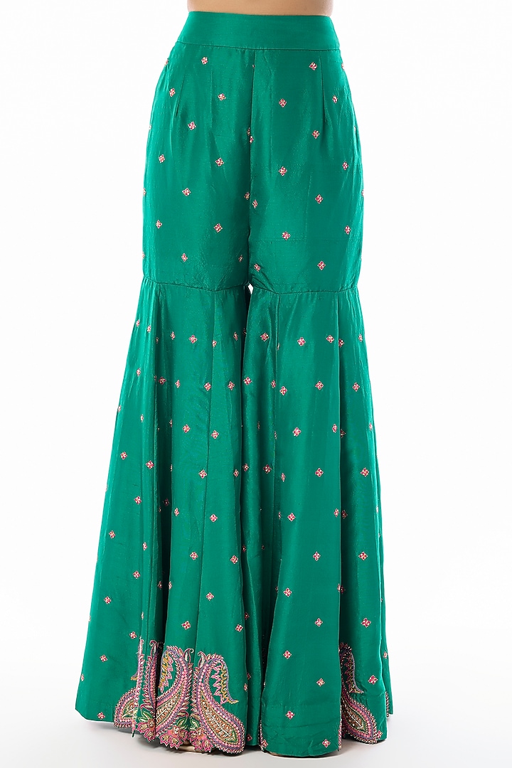 Rama Green Silk Zardosi Embroidered Bridal Sharara Set by Mrunalini Rao at Pernia's Pop Up Shop