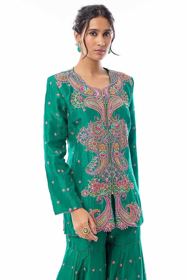 Rama Green Silk Zardosi Embroidered Bridal Sharara Set by Mrunalini Rao at Pernia's Pop Up Shop