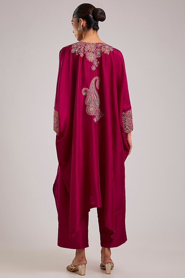Maroon Silk Resham Embroidered Kaftan Set by Mrunalini Rao at Pernia's Pop Up Shop