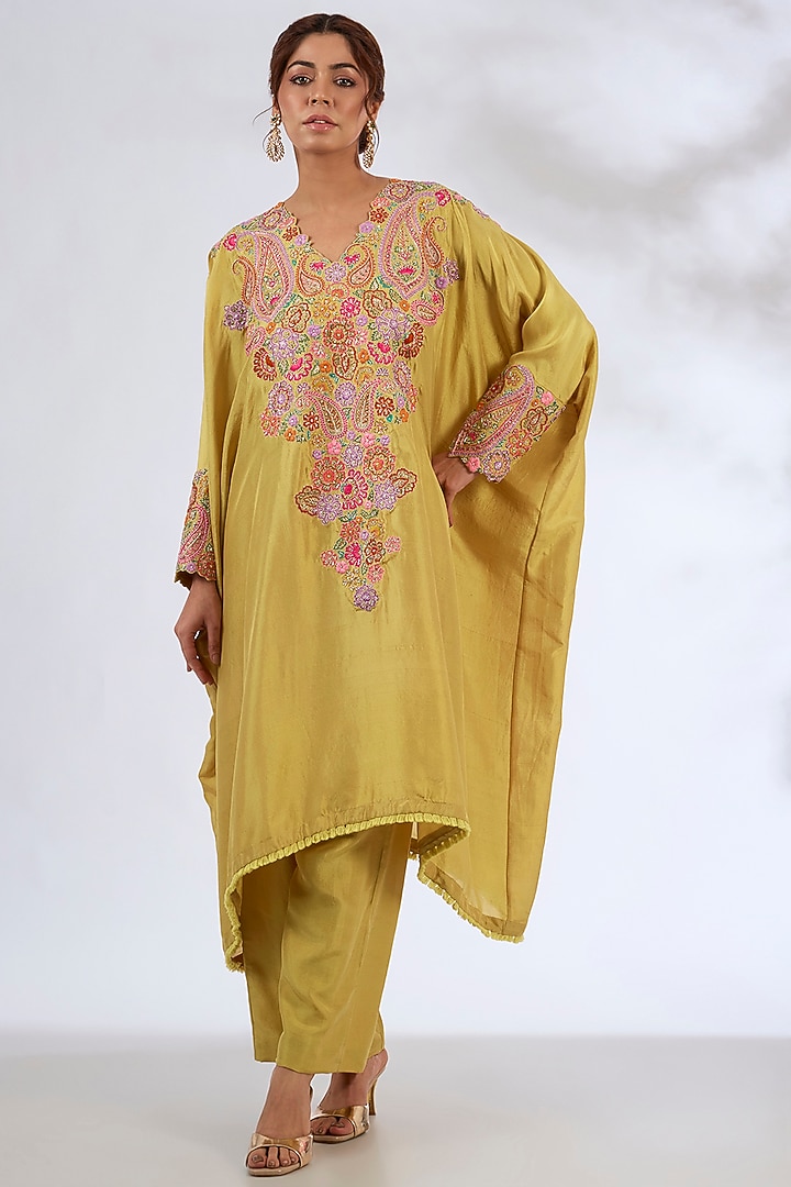 Yellow Silk Hand Embroidered Kaftan Set by Mrunalini Rao at Pernia's Pop Up Shop