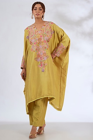 Yellow Silk Hand Embroidered Kaftan Set by Mrunalini Rao