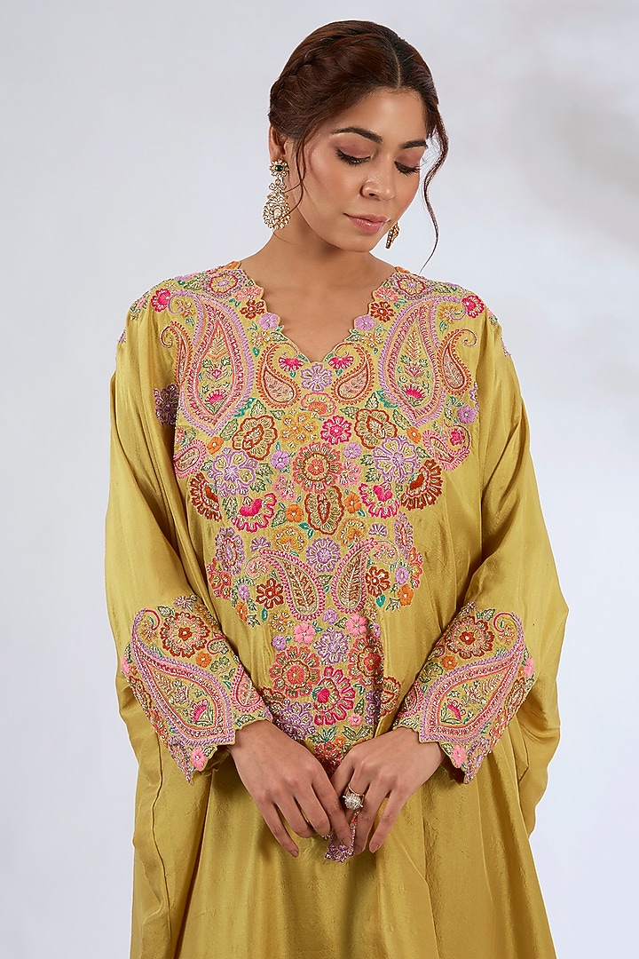 Yellow Silk Hand Embroidered Kaftan Set by Mrunalini Rao at Pernia's Pop Up Shop