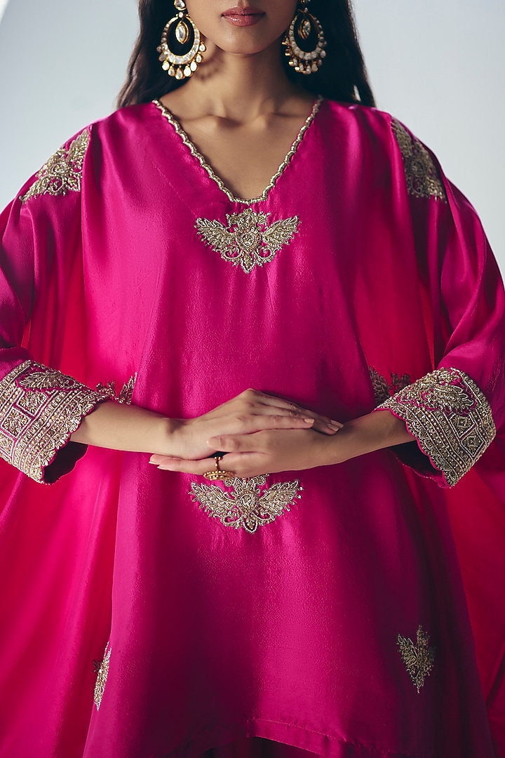 Fuchsia Pink Silk Pearl Hand Embroidered Short Kurta Set by Mrunalini Rao at Pernia's Pop Up Shop