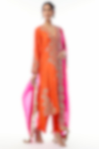 Orange Silk Zardosi & Pearl Hand Embroidered Kurta Set by Mrunalini Rao at Pernia's Pop Up Shop