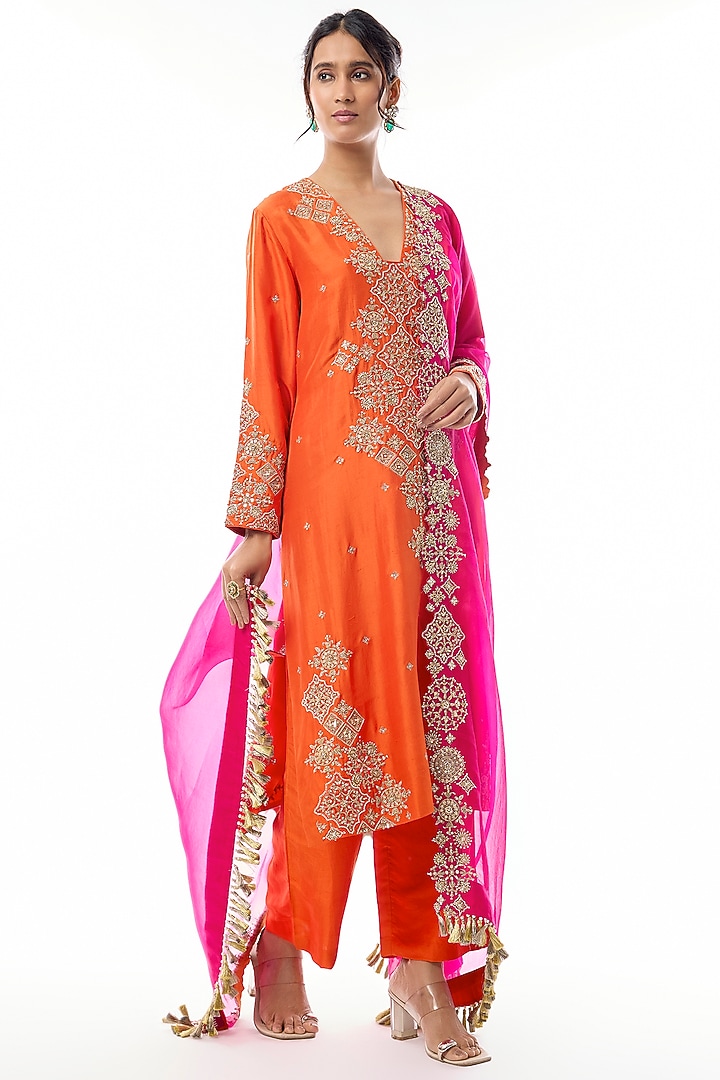 Orange Silk Zardosi & Pearl Hand Embroidered Kurta Set by Mrunalini Rao at Pernia's Pop Up Shop