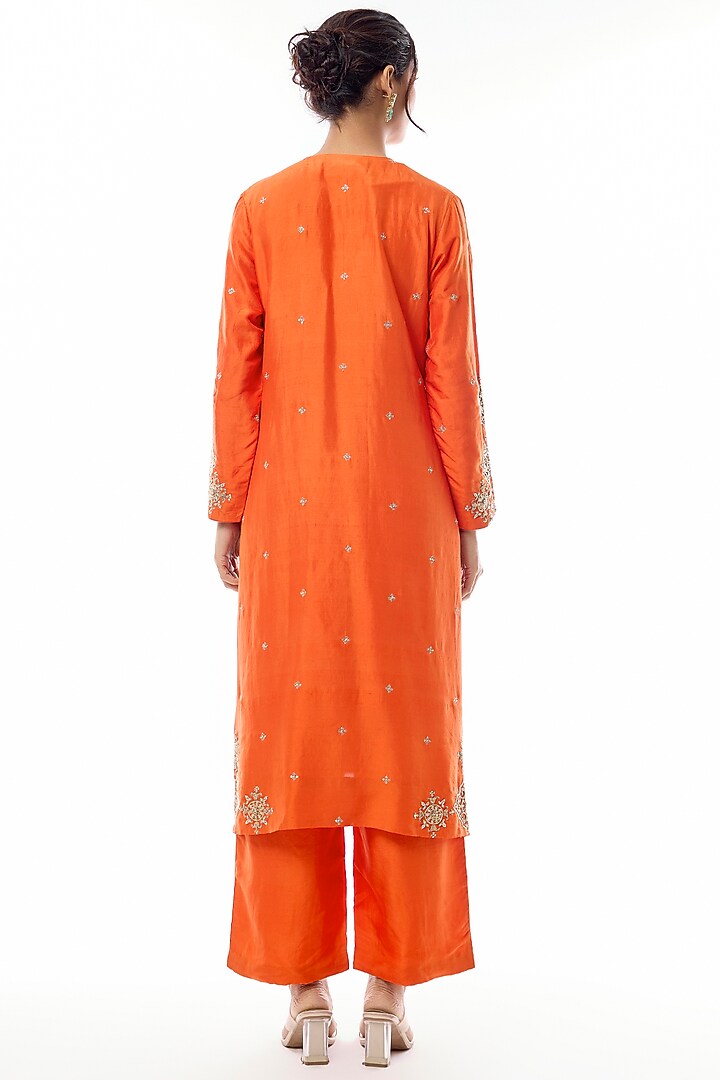 Orange Silk Zardosi & Pearl Hand Embroidered Kurta Set by Mrunalini Rao at Pernia's Pop Up Shop