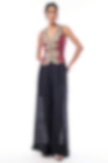 Black Raw Silk Zardosi Embroidered Waistcoat Set by Mrunalini Rao at Pernia's Pop Up Shop