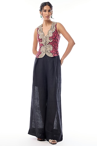Black Raw Silk Zardosi Embroidered Waistcoat Set by Mrunalini Rao