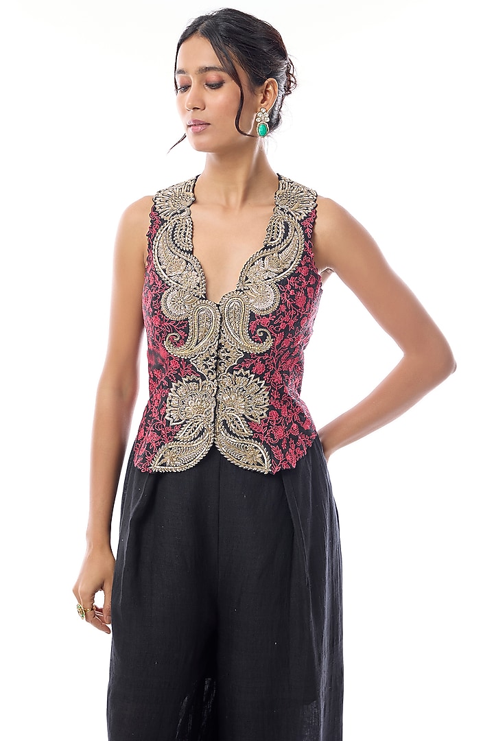 Black Raw Silk Zardosi Embroidered Waistcoat Set by Mrunalini Rao at Pernia's Pop Up Shop