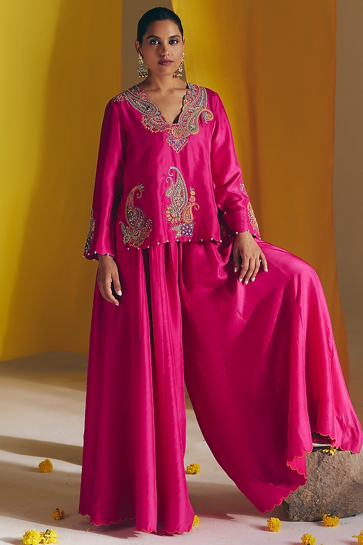 Fuchsia Pink Silk Zardosi Embroidered Short Kurta Set by Mrunalini Rao at Pernia's Pop Up Shop