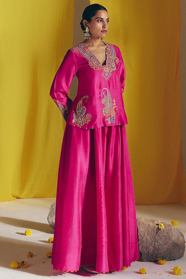 Fuchsia Pink Silk Zardosi Embroidered Short Kurta Set by Mrunalini Rao at Pernia's Pop Up Shop