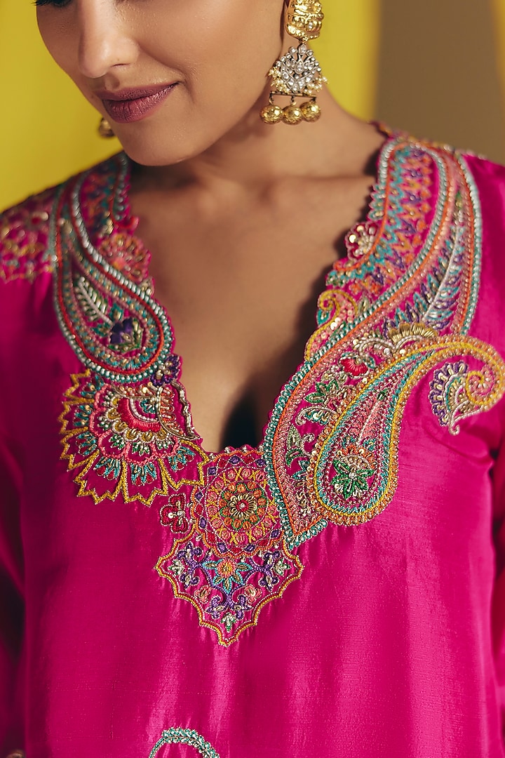 Fuchsia Pink Silk Zardosi Embroidered Short Kurta Set by Mrunalini Rao at Pernia's Pop Up Shop