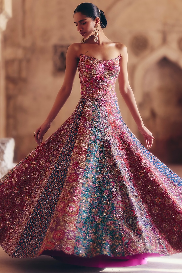 Multi-Colored Raw Silk Resham & Zardosi Embroidered Paneled Bridal Lehenga Set by Mrunalini Rao at Pernia's Pop Up Shop