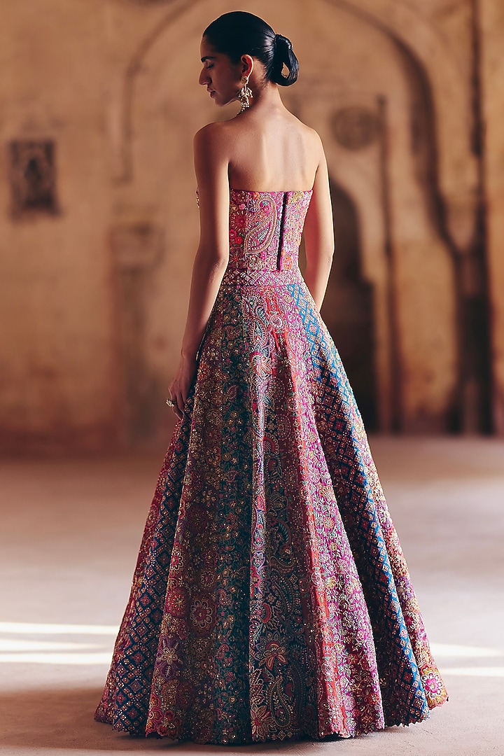 Multi-Colored Raw Silk Resham & Zardosi Embroidered Paneled Bridal Lehenga Set by Mrunalini Rao at Pernia's Pop Up Shop