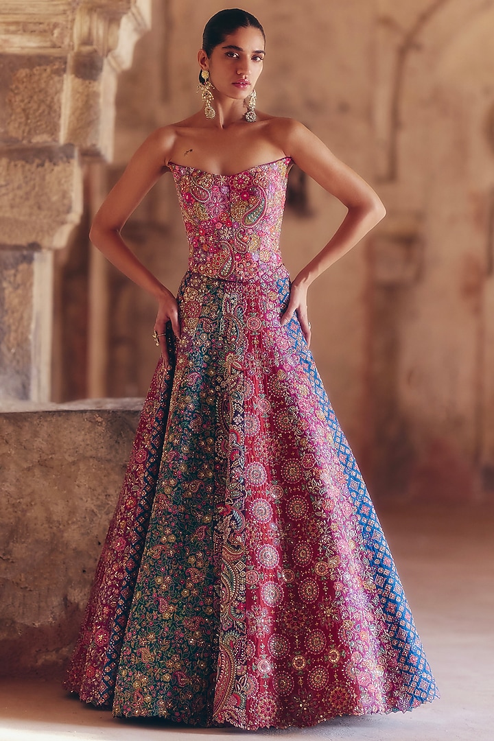 Multi-Colored Raw Silk Resham & Zardosi Embroidered Paneled Bridal Lehenga Set by Mrunalini Rao at Pernia's Pop Up Shop