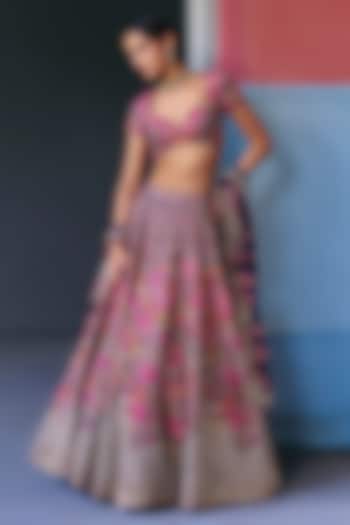Purple Silk Zardosi & Floral Motif Embroidered Bridal Lehenga Set by Mrunalini Rao at Pernia's Pop Up Shop