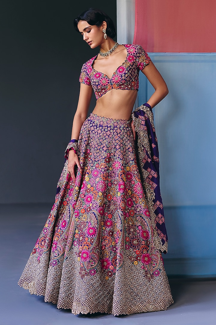Purple Silk Zardosi & Floral Motif Embroidered Bridal Lehenga Set by Mrunalini Rao at Pernia's Pop Up Shop