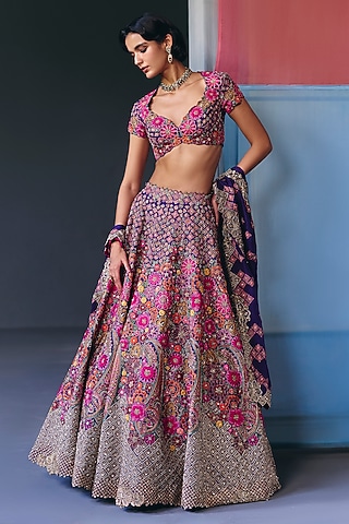 Purple Silk Zardosi & Floral Motif Embroidered Lehenga Set by Mrunalini Rao