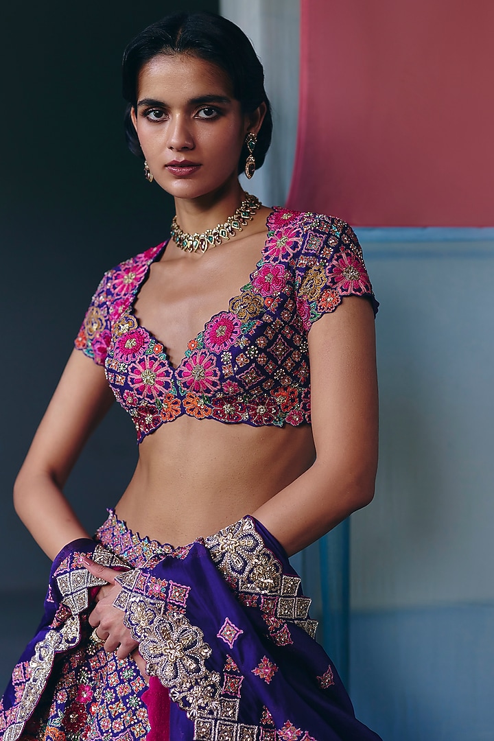 Purple Silk Zardosi & Floral Motif Embroidered Bridal Lehenga Set by Mrunalini Rao at Pernia's Pop Up Shop