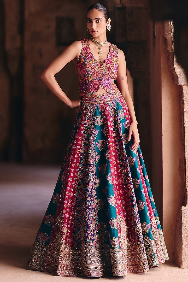 Multi-Colored Raw Silk Resham & Zardosi Embroidered Paneled Bridal Lehenga Set by Mrunalini Rao at Pernia's Pop Up Shop