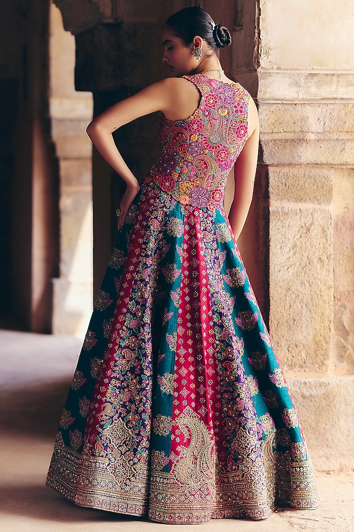Multi-Colored Raw Silk Resham & Zardosi Embroidered Paneled Bridal Lehenga Set by Mrunalini Rao at Pernia's Pop Up Shop