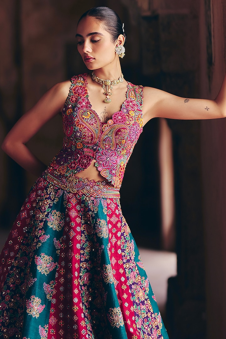 Multi-Colored Raw Silk Resham & Zardosi Embroidered Paneled Bridal Lehenga Set by Mrunalini Rao at Pernia's Pop Up Shop