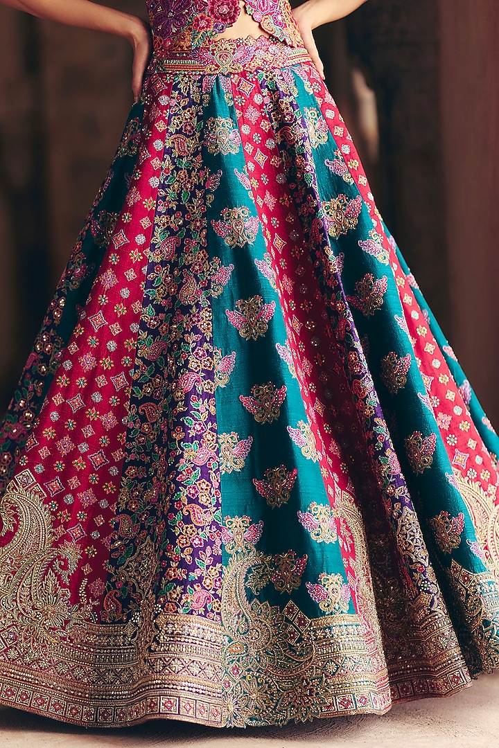 Multi-Colored Raw Silk Resham & Zardosi Embroidered Paneled Bridal Lehenga Set by Mrunalini Rao at Pernia's Pop Up Shop
