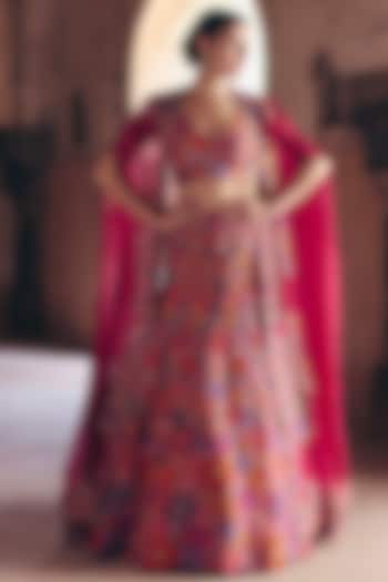 Maroon Raw Silk Resham & Zardosi Hand Embroidered Fish-Cut Jacket Bridal Lehenga Set by Mrunalini Rao at Pernia's Pop Up Shop