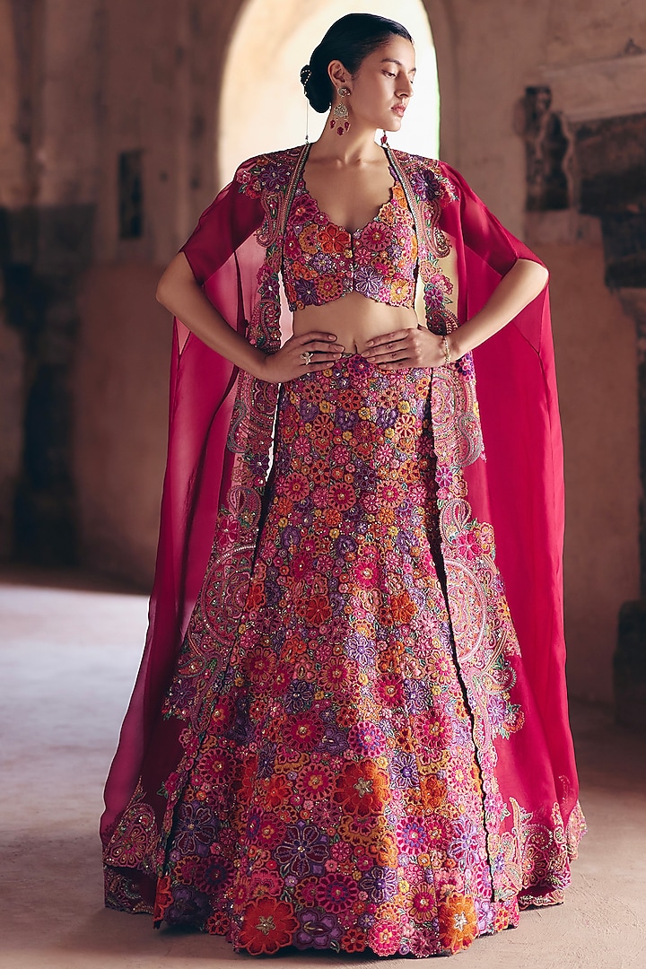 Maroon Raw Silk Resham & Zardosi Hand Embroidered Fish-Cut Jacket Bridal Lehenga Set by Mrunalini Rao at Pernia's Pop Up Shop