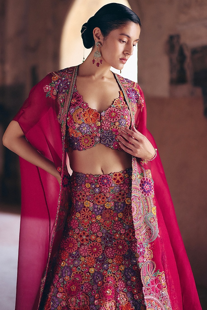 Maroon Raw Silk Resham & Zardosi Hand Embroidered Fish-Cut Jacket Bridal Lehenga Set by Mrunalini Rao at Pernia's Pop Up Shop