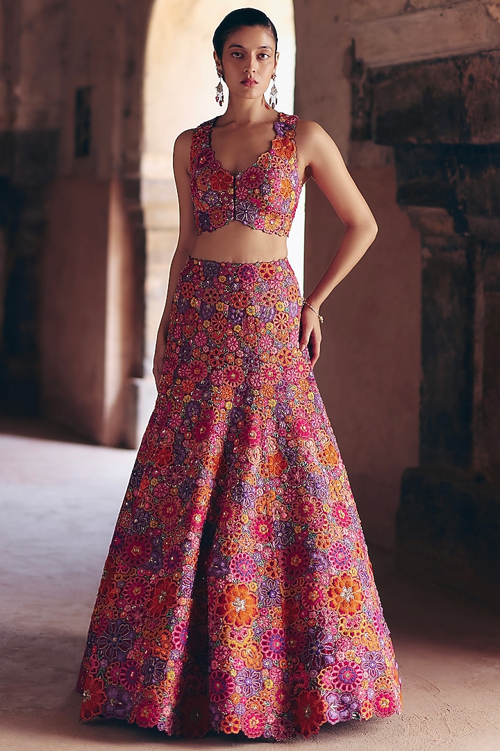 Maroon Raw Silk Resham & Zardosi Hand Embroidered Fish-Cut Jacket Bridal Lehenga Set by Mrunalini Rao at Pernia's Pop Up Shop