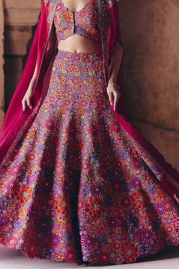 Maroon Raw Silk Resham & Zardosi Hand Embroidered Fish-Cut Jacket Bridal Lehenga Set by Mrunalini Rao at Pernia's Pop Up Shop
