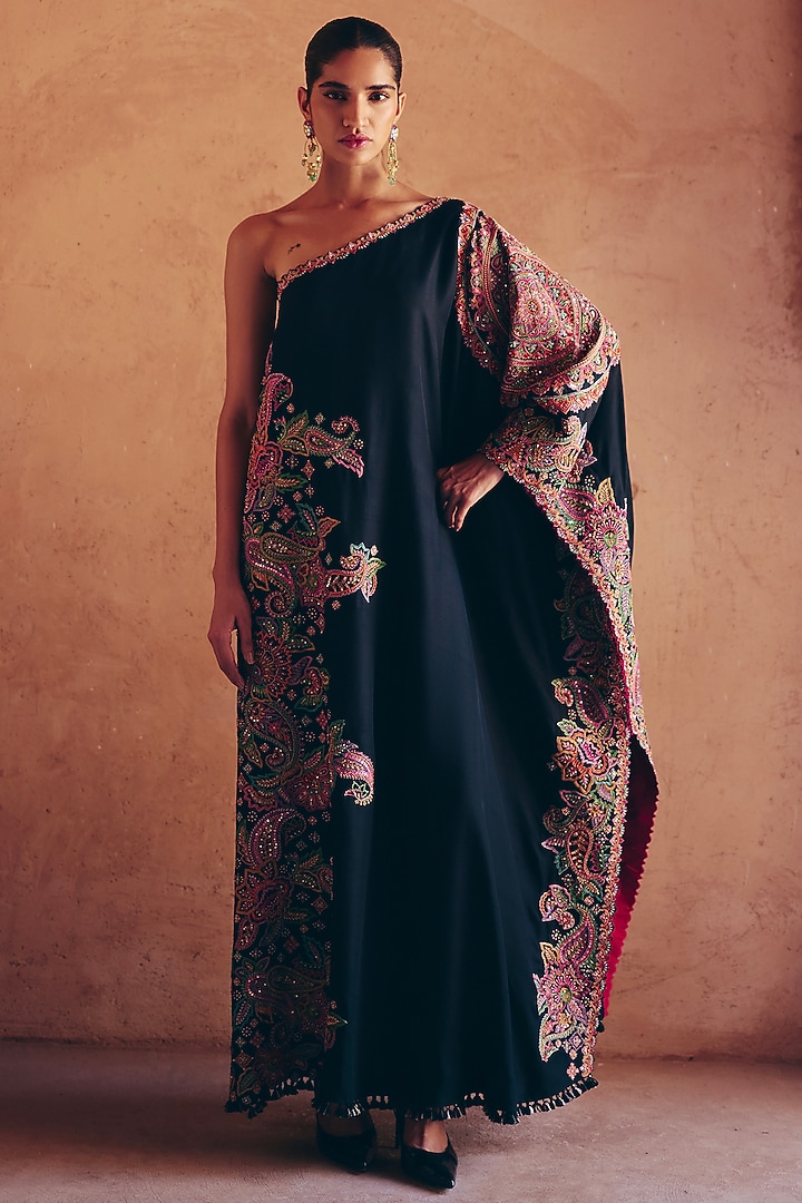 Black Silk Resham & Zardosi Embroidered One-Shoulder Kaftan by Mrunalini Rao at Pernia's Pop Up Shop