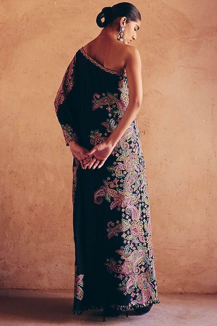 Black Silk Resham & Zardosi Embroidered One-Shoulder Kaftan by Mrunalini Rao at Pernia's Pop Up Shop
