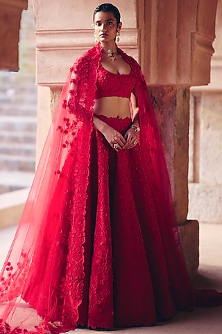 Cherry Blossom Red Silk Satin Organza 3D Floral Embroidered Lehenga Set by Mrunalini Rao