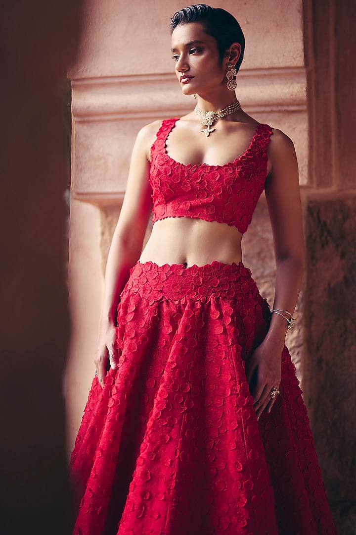Cherry Blossom Red Silk Satin Organza 3D Floral Embroidered Bridal Lehenga Set by Mrunalini Rao at Pernia's Pop Up Shop