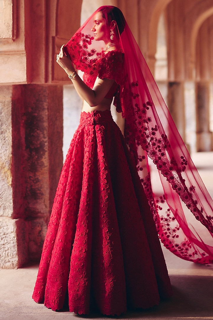 Cherry Blossom Red Silk Satin Organza 3D Floral Embroidered Bridal Lehenga Set by Mrunalini Rao at Pernia's Pop Up Shop